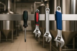 Mekaniker inspekterar rör och maskineri i en industrimiljö med fokus på underhåll.