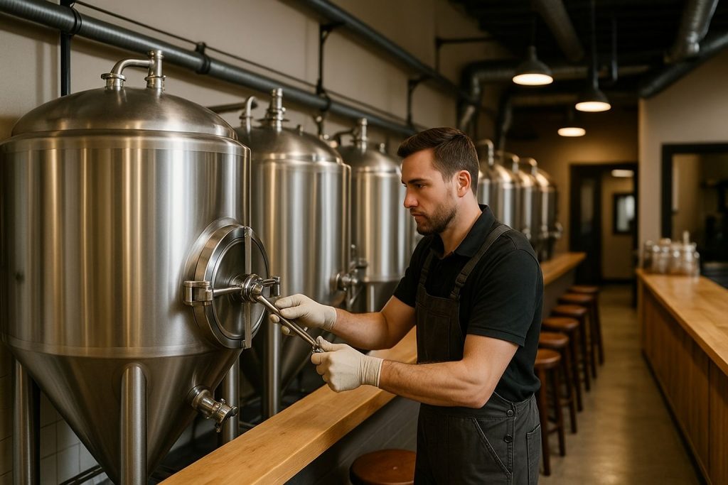 Överblick över ett bryggeri med röda rör och tankar för effektiv service.